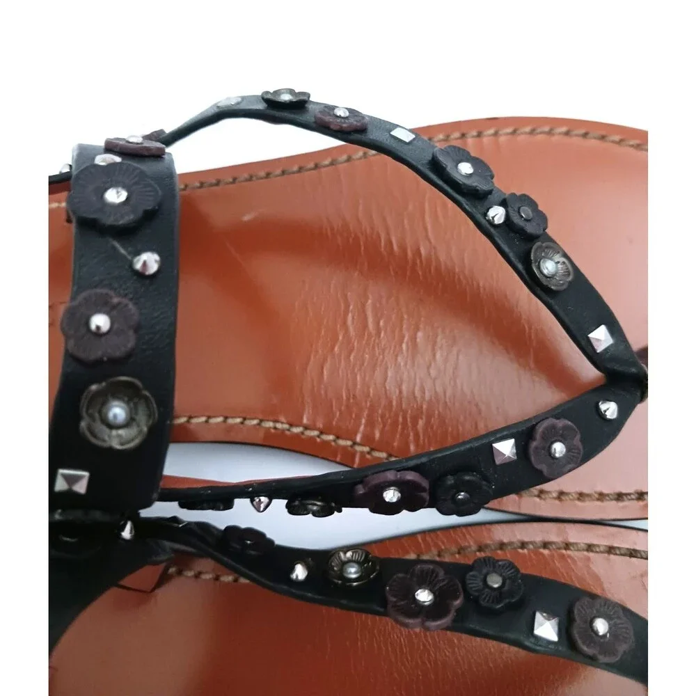 Coach Tea Rose Blk Leather Thong Sandals w Ankle Strap Floral Stud Trim US 10M